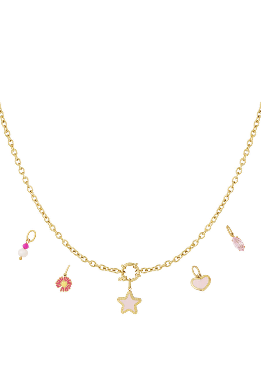 Collier pour femmes avec pendentif en acier inoxydable, perle d'imitation, émail avec motif étoile et motif floral