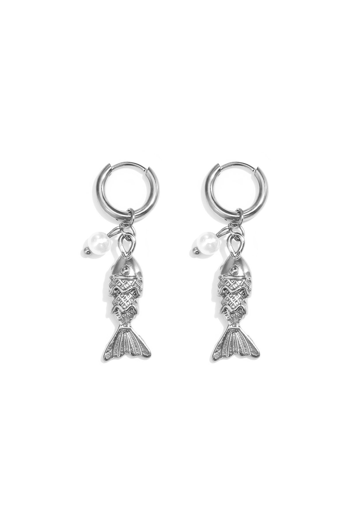 Women's drop earrings, stainless steel, ABS with fish motif - gold and silver-toned