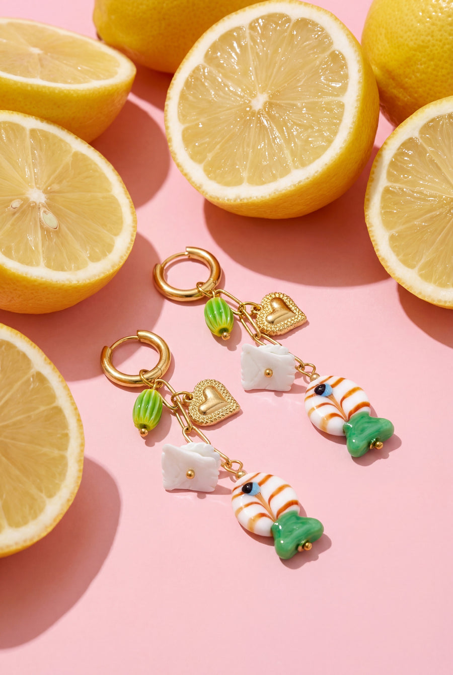 Boucles d'oreilles pendantes en acier inoxydable, émail, coquillage en forme de cœur et motif poisson pour femme