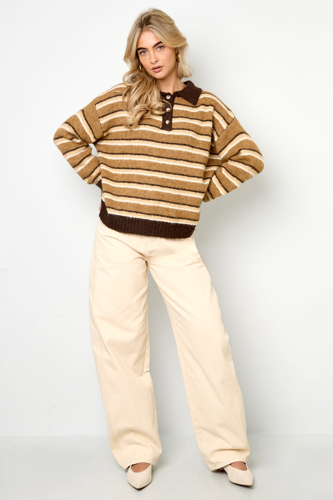 Dames gebreide polotrui van polyester met strepen – productfoto 8