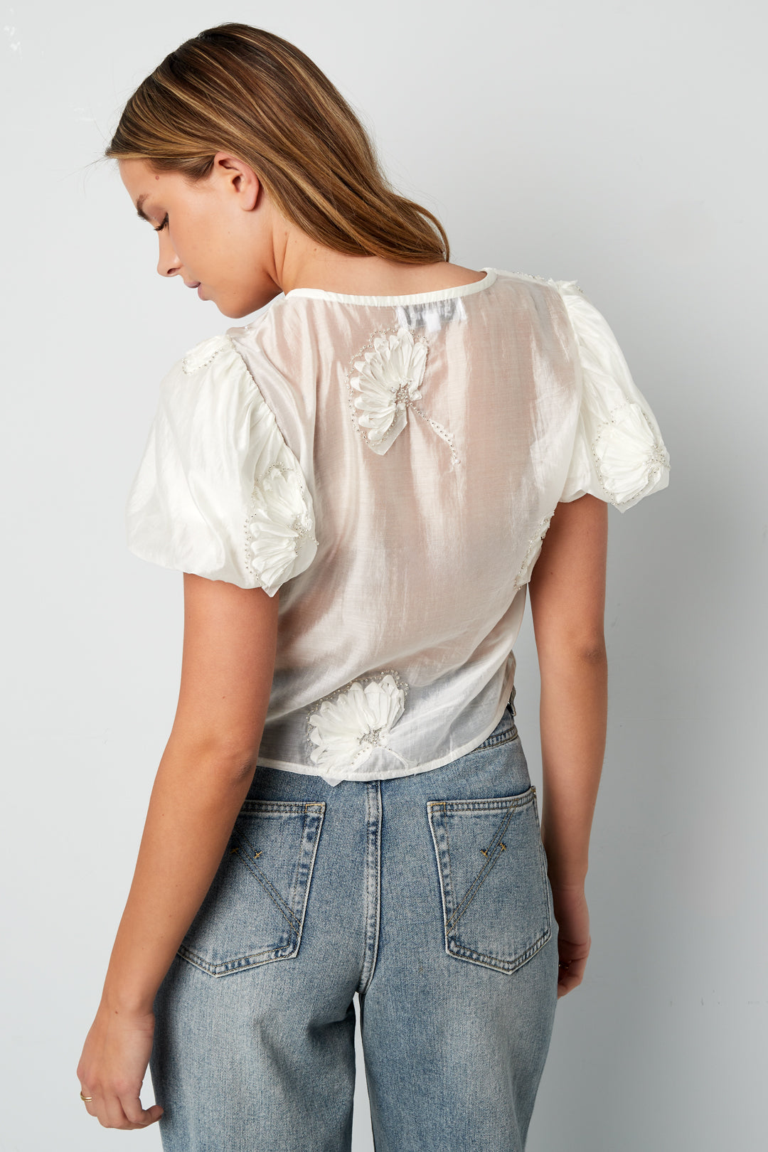 Top à manches courtes, imprimé floral et nœud décoratif – blanc – photo 6