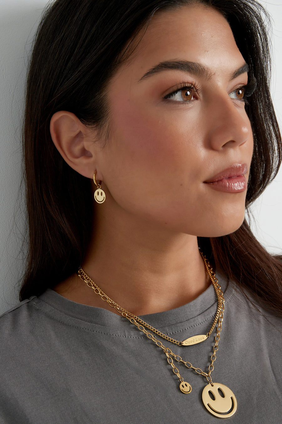 Boucles d'oreilles pendantes en acier inoxydable avec motif smiley pour femmes – or et argent