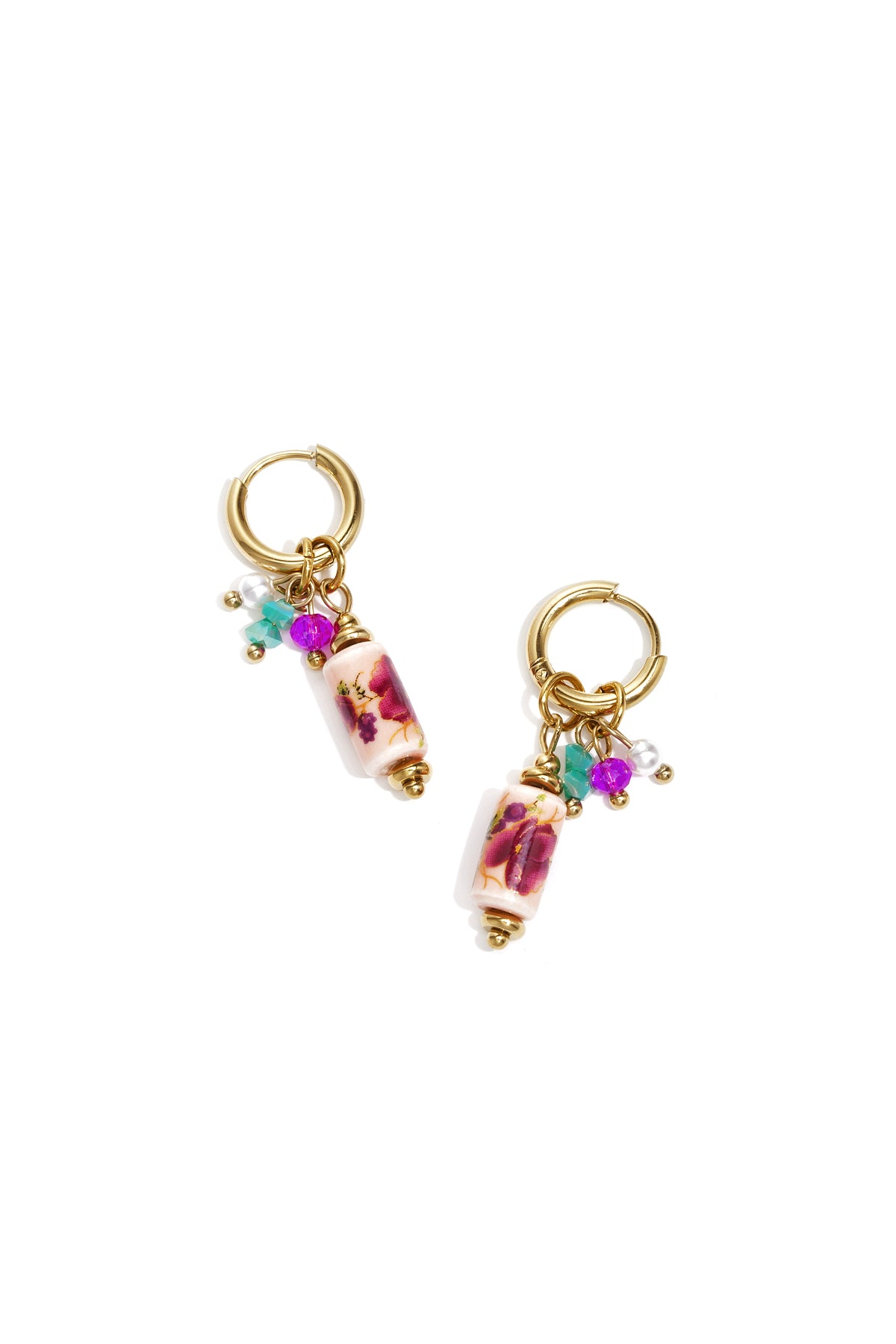 Boucles d'oreilles pendantes perlées pour femme en acier inoxydable, ABS, cristal, céramique, coquillage, verre – bleu et rose