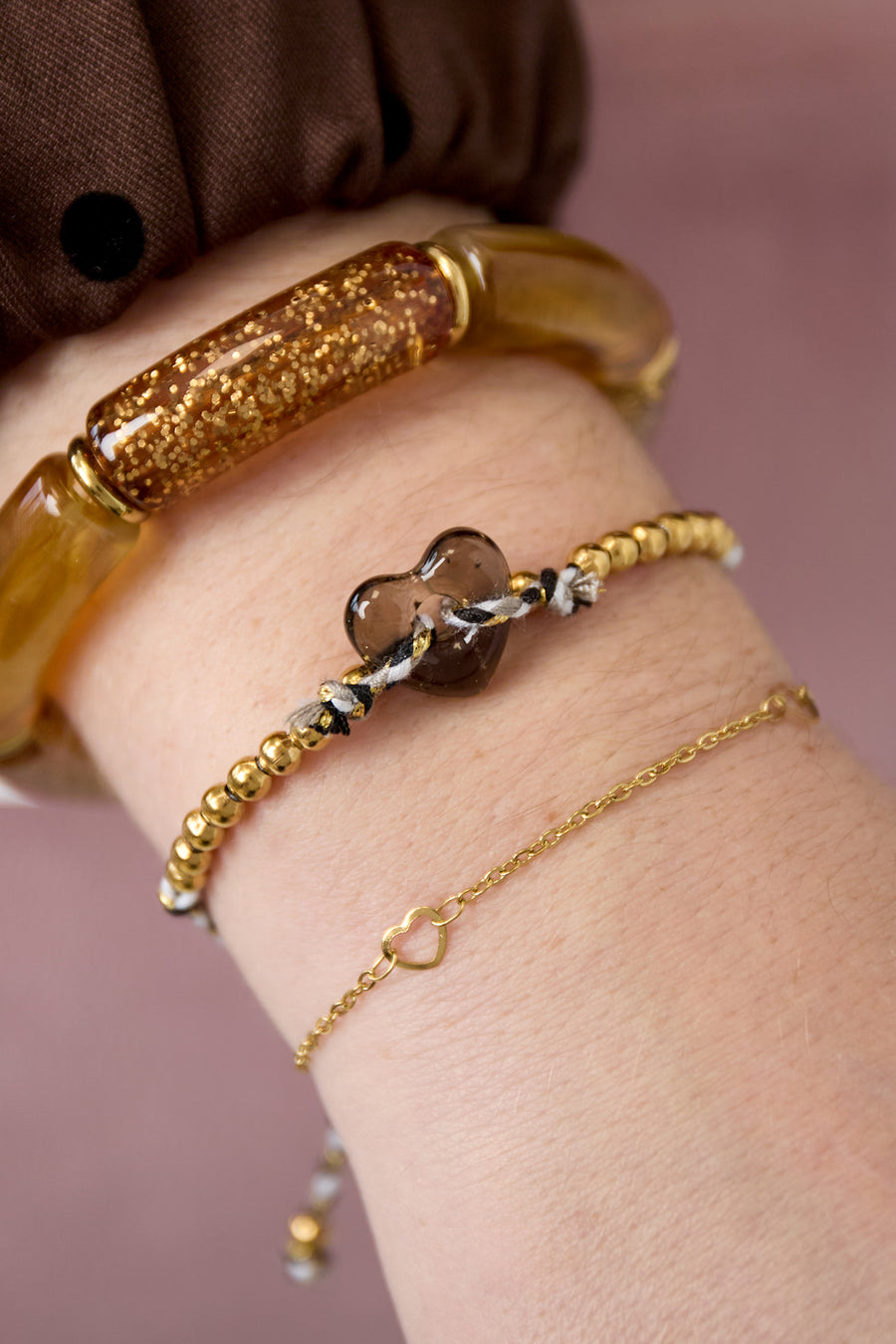 Bracelet tressé pour femme en polyester, émail, céramique, acier inoxydable avec cœur
