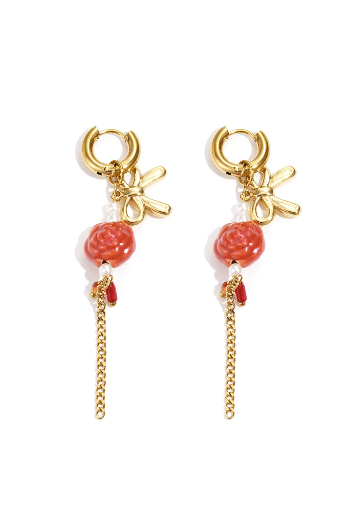 Boucles d'oreilles pendantes pour femme en acier inoxydable, pierre, perle d'imitation, céramique avec motif floral