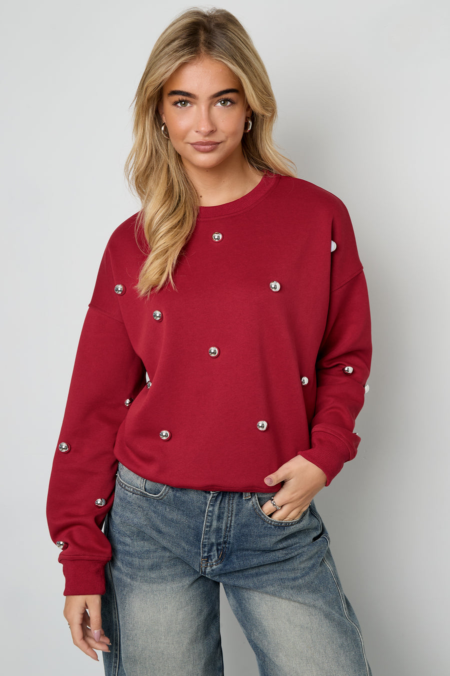 Dames gebreide katoenen trui met studs – productfoto 2