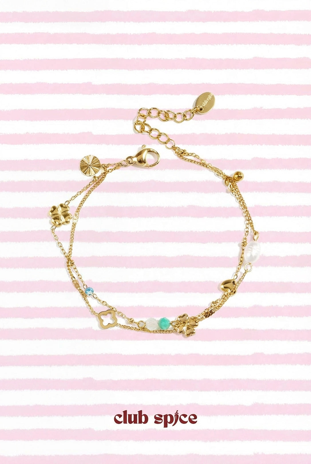 Bracelet à breloques pour femme en acier inoxydable avec motifs cœur et trèfle – doré – photo 2