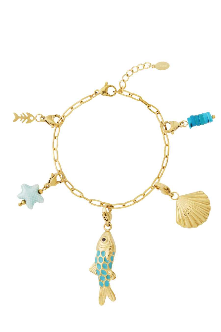 Bracelet à breloques pour femme en acier inoxydable, émail, coquillage, céramique, avec motif poisson et motif coquillage