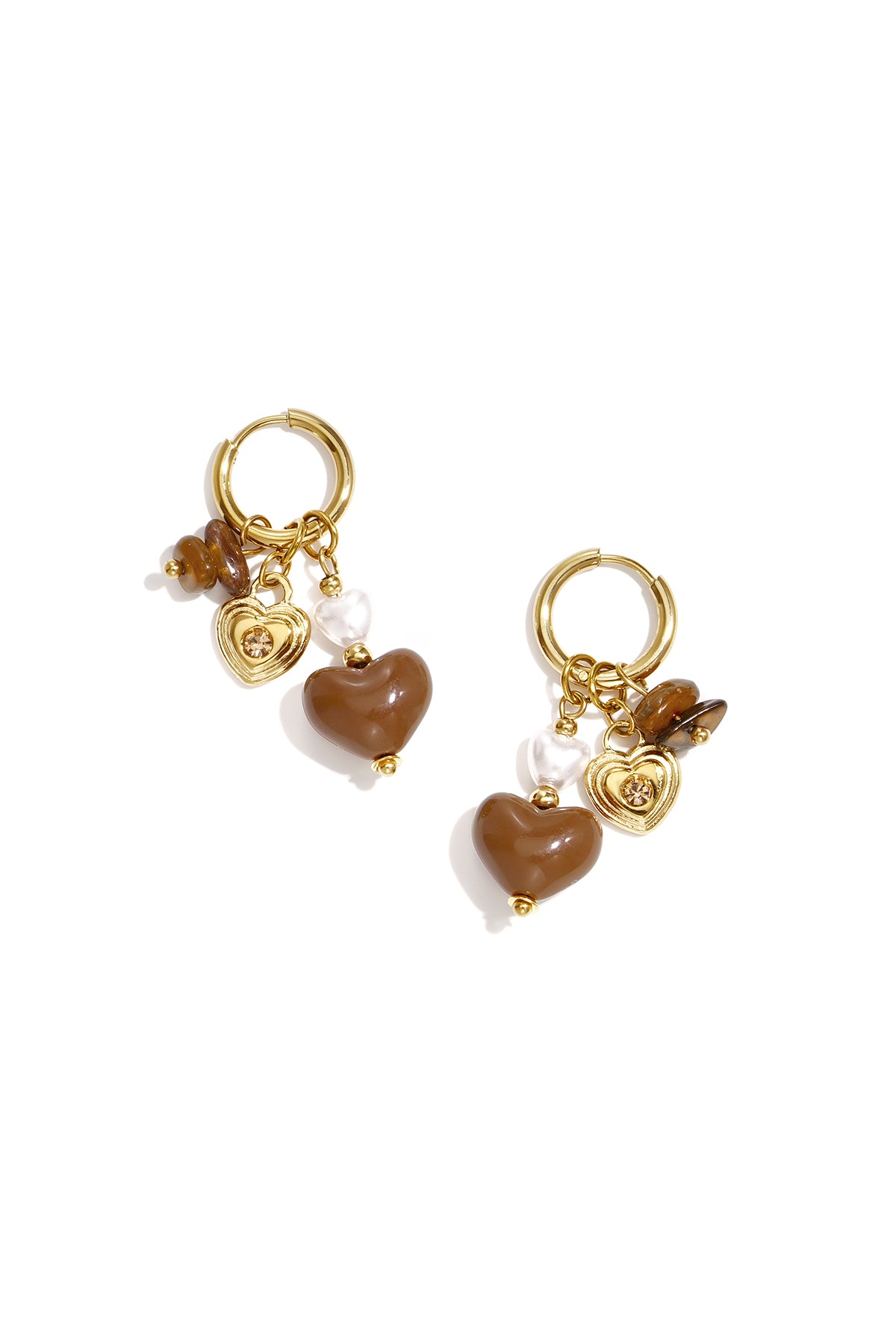 Women's bejewelled heart-shaped earrings in stainless steel, acrylic, rhinestone, ABS, stone – brown