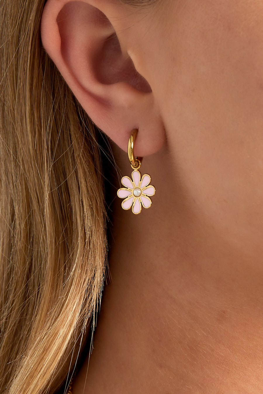 Boucles d'oreilles pendantes pour femmes en acier inoxydable, émail, plastique avec motif floral – rose et rose-rouge