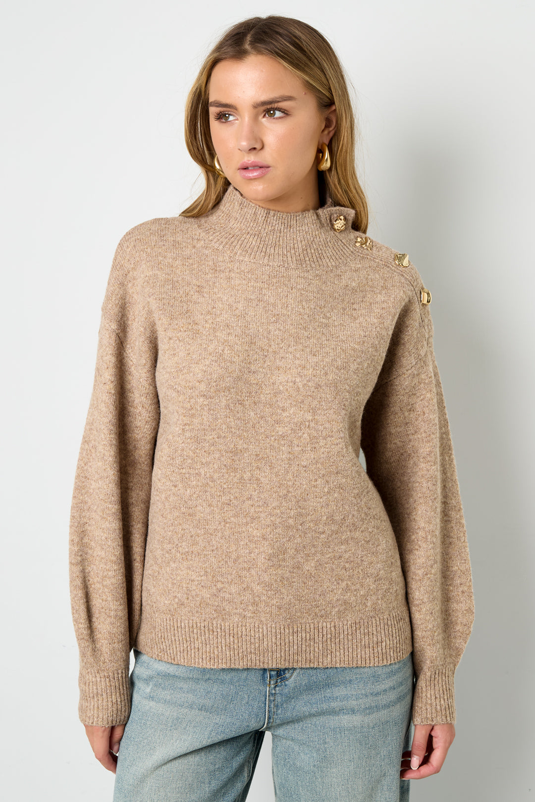Gebreide Polyestervezel Vrouwen Trui met Schildkraag Casual Eenvoudige Kleur