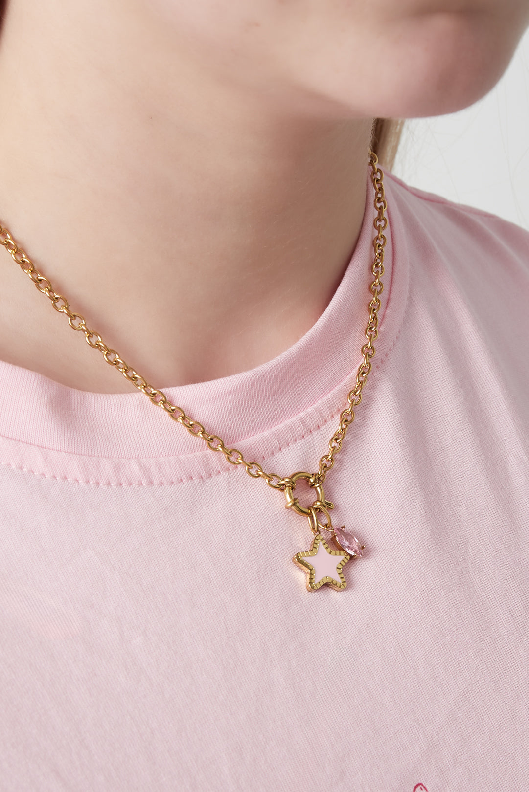 Ladies' necklace with stainless steel pendant, imitation pearl, enamel with star motif and floral motif – image 2