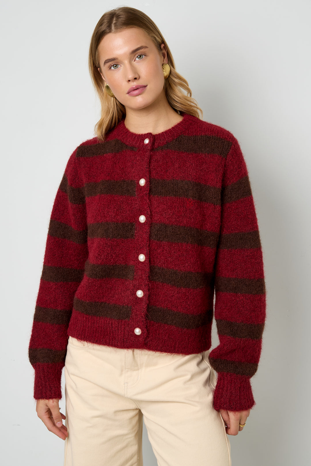 Dames gestreepte cardigan van gebreid polyester – productfoto 2