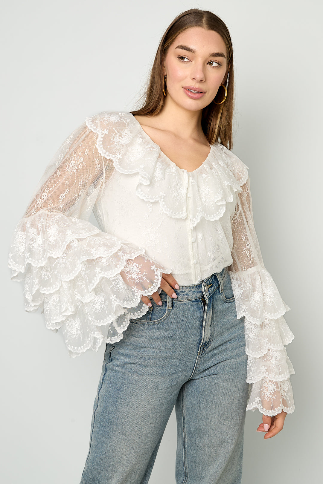 Dames blouse van polyester met bloemenprint en kant – productfoto 3