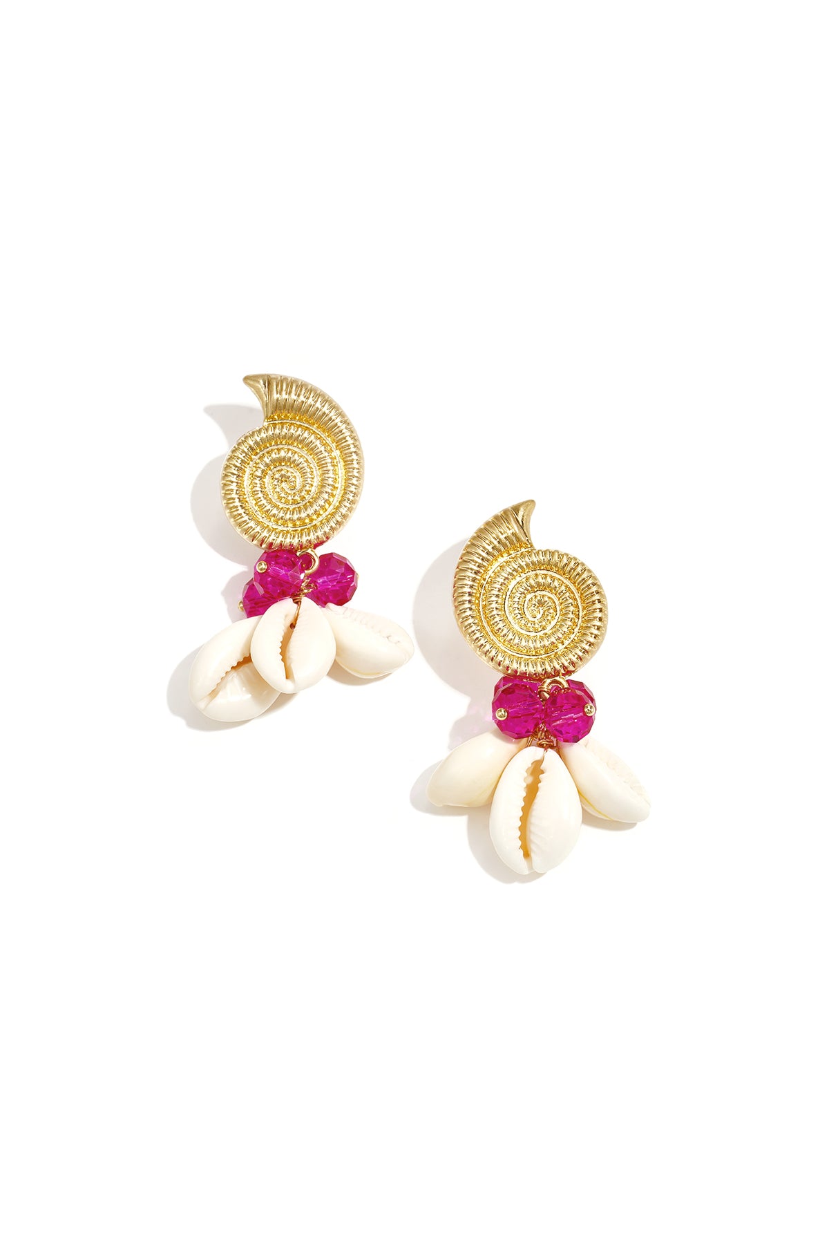 Women's metal alloy, glass, shell bead earrings with shell motif – orange and rose red