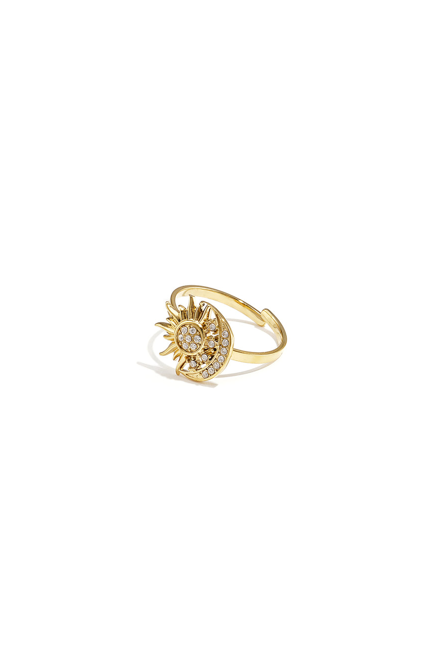 Bague fantaisie pour femme en acier inoxydable avec motif soleil et motif lune – doré