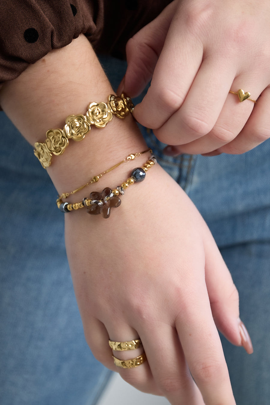 Bracelet tressé pour femme en polyester, émail, céramique, acier inoxydable à motif floral