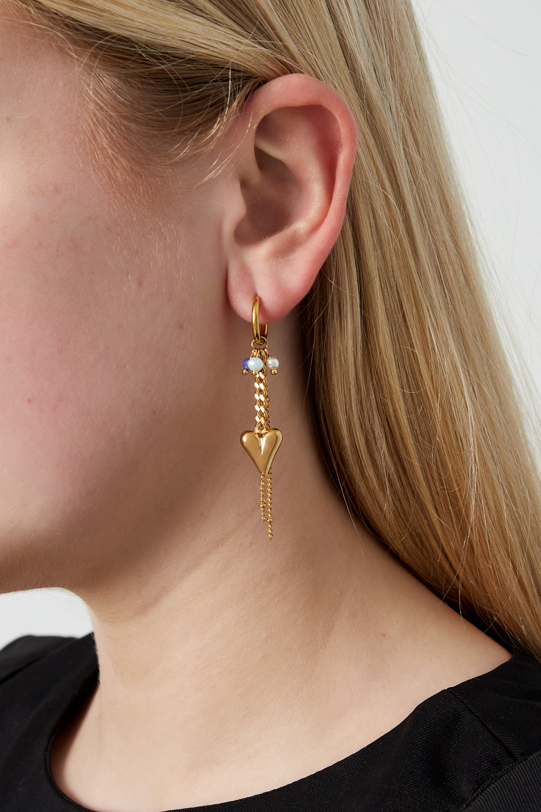 Boucles d'oreilles pendantes pour femmes en acier inoxydable, perles d'imitation, cristal avec forme de cœur – bleu et jaune – photo 3