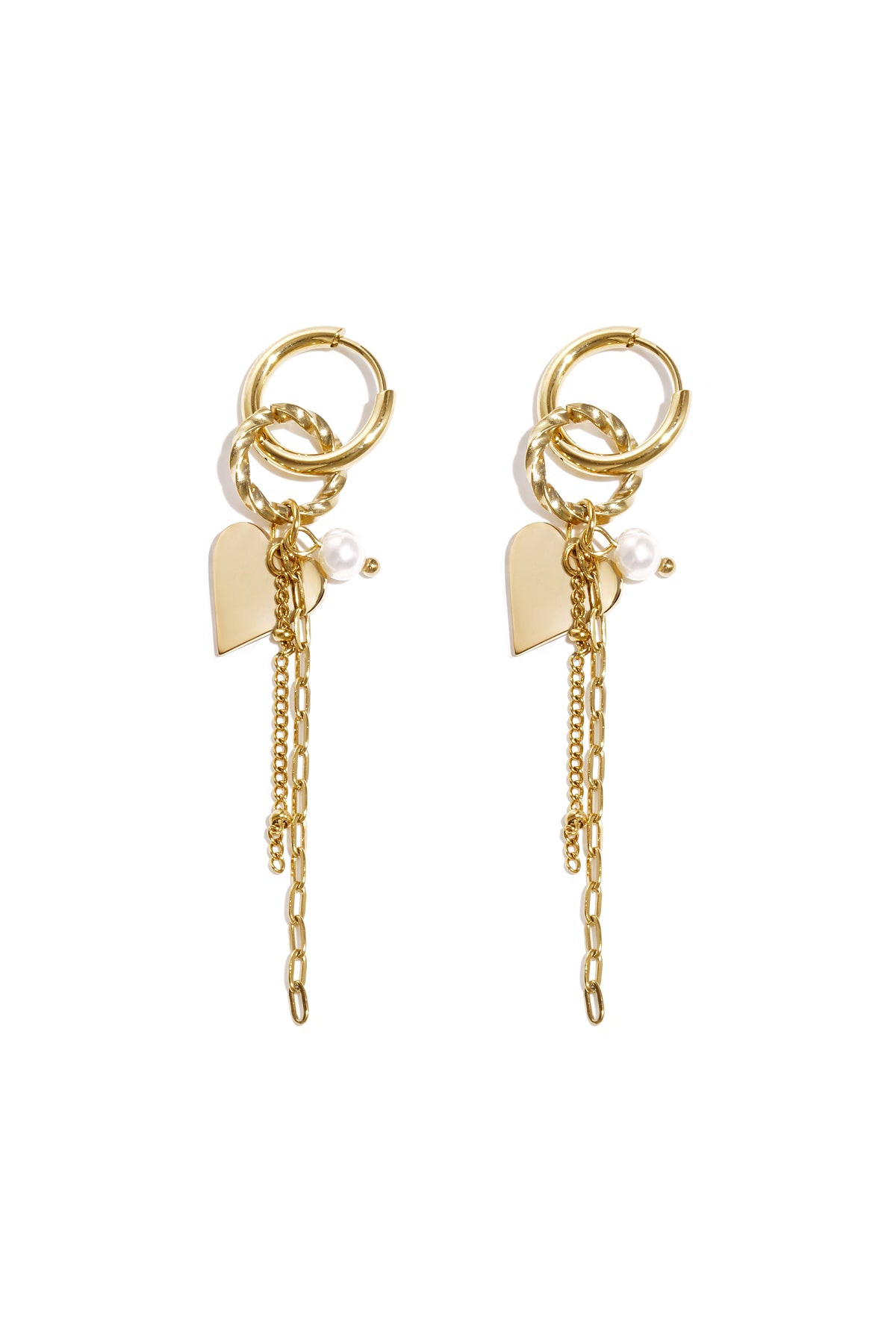 Stainless Steel Dangle Earrings for Women, Pearl with Heart Shape – Gold and Silver Tone
