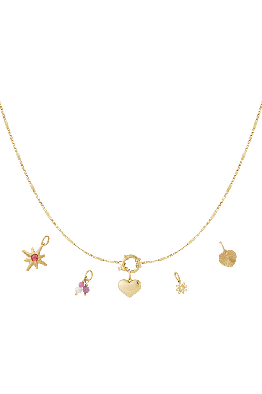Collier femme en acier inoxydable, strass, perle d'imitation, verre avec pendentif cœur – doré
