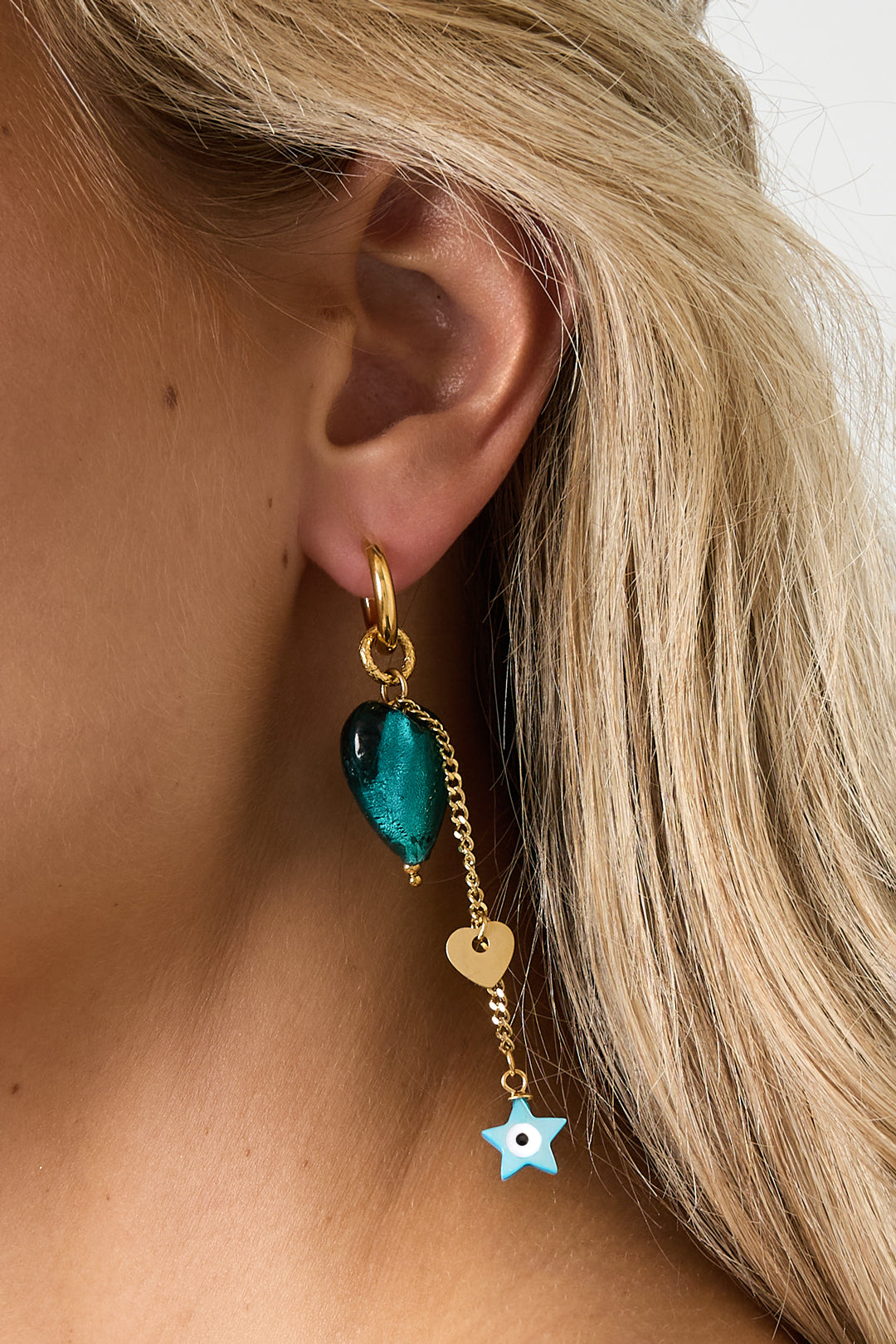 Boucles d'oreilles pendantes pour femmes en acier inoxydable, émail, coquillage avec cœur et étoile – bleues – photo 3