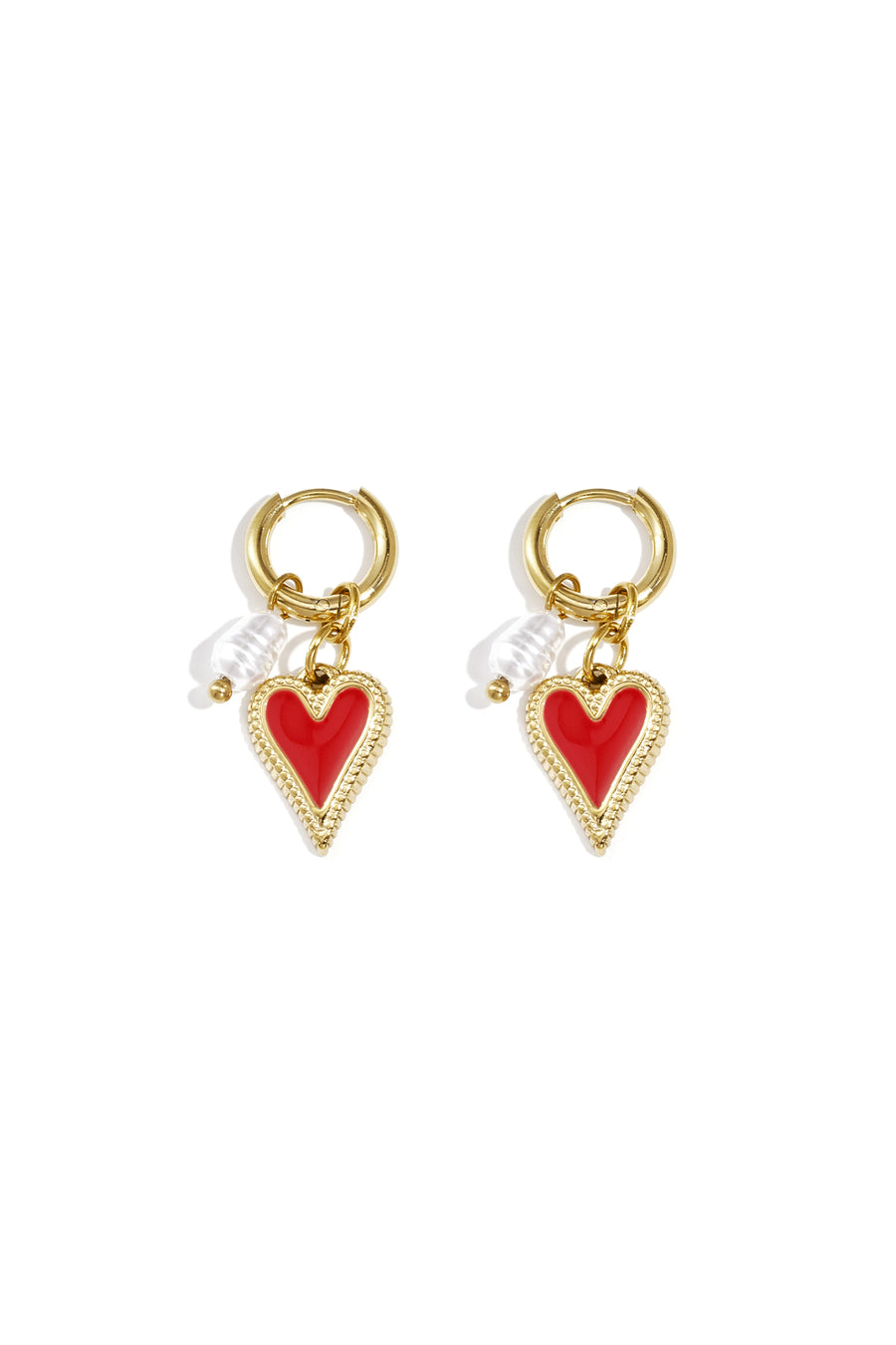 Boucles d'oreilles pendantes pour femme en acier inoxydable, ABS, émail avec forme de cœur – blanc et rouge