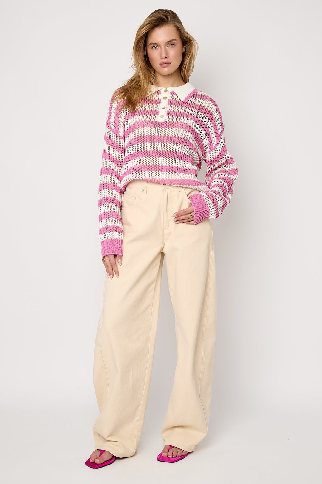 Dames gebreide polo top van polyester met strepen – productfoto 5