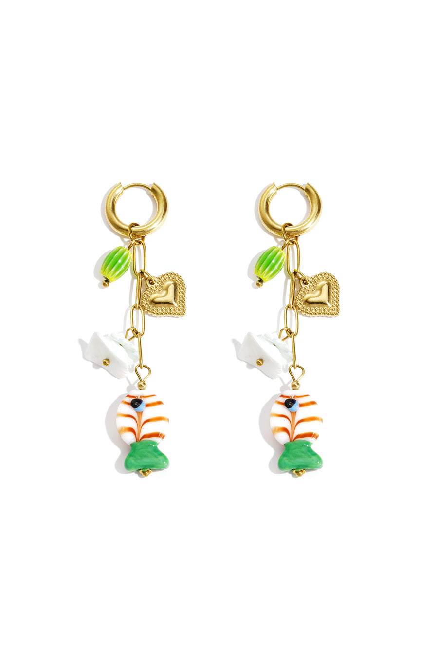 Boucles d'oreilles pendantes en acier inoxydable, émail, coquillage en forme de cœur et motif poisson pour femme