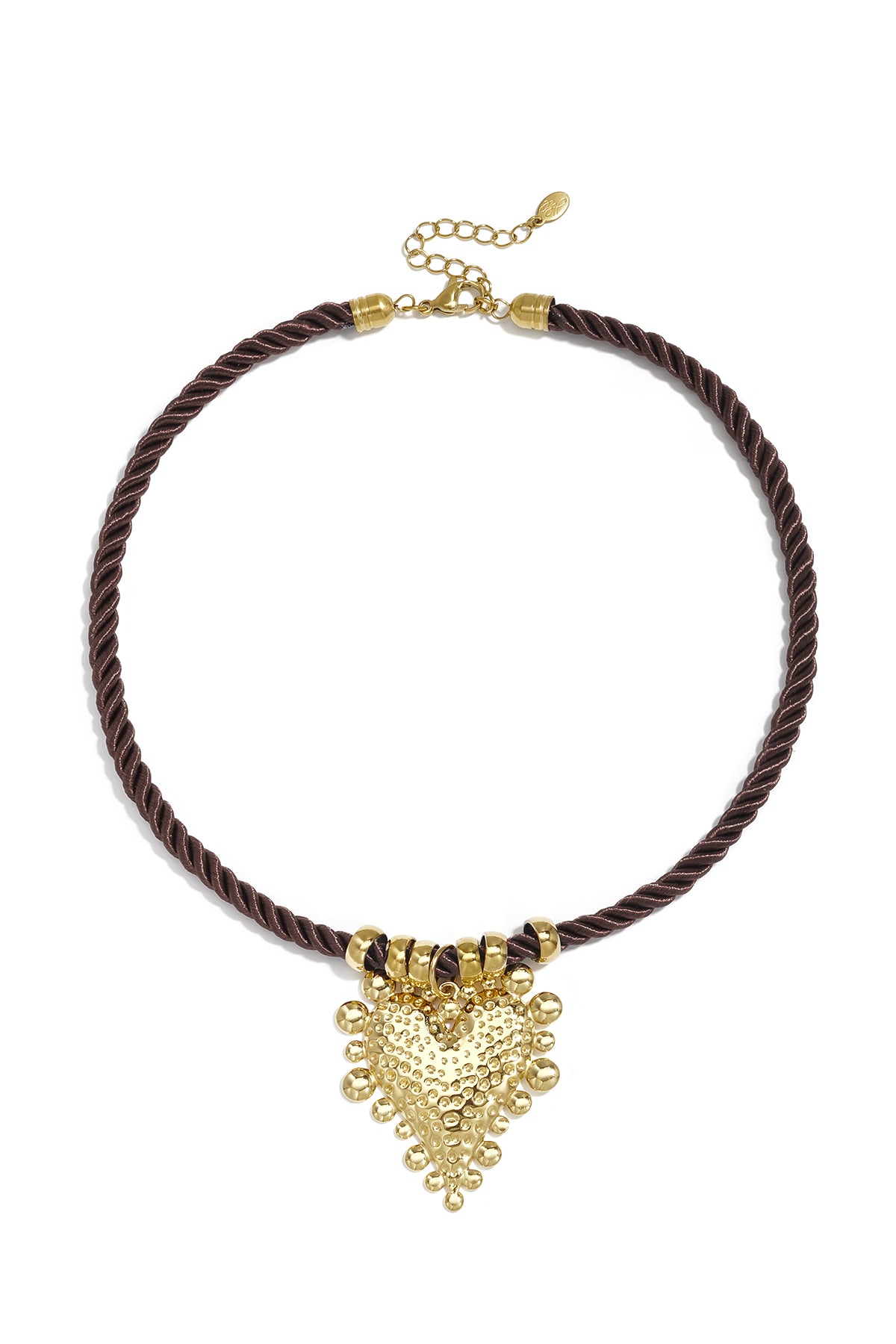 Collier tressé pour femme en acier inoxydable, polyester avec cœur – marron foncé