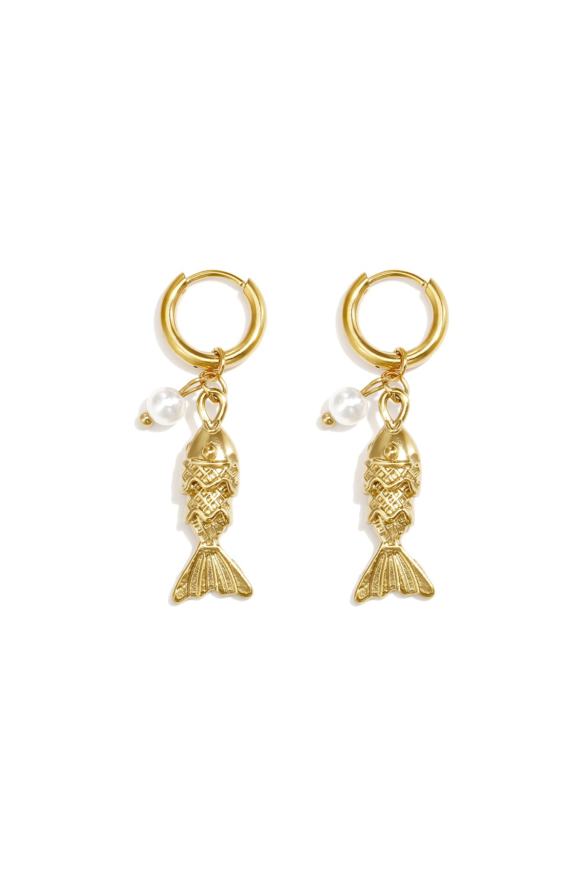 Women's drop earrings, stainless steel, ABS with fish motif - gold and silver-toned