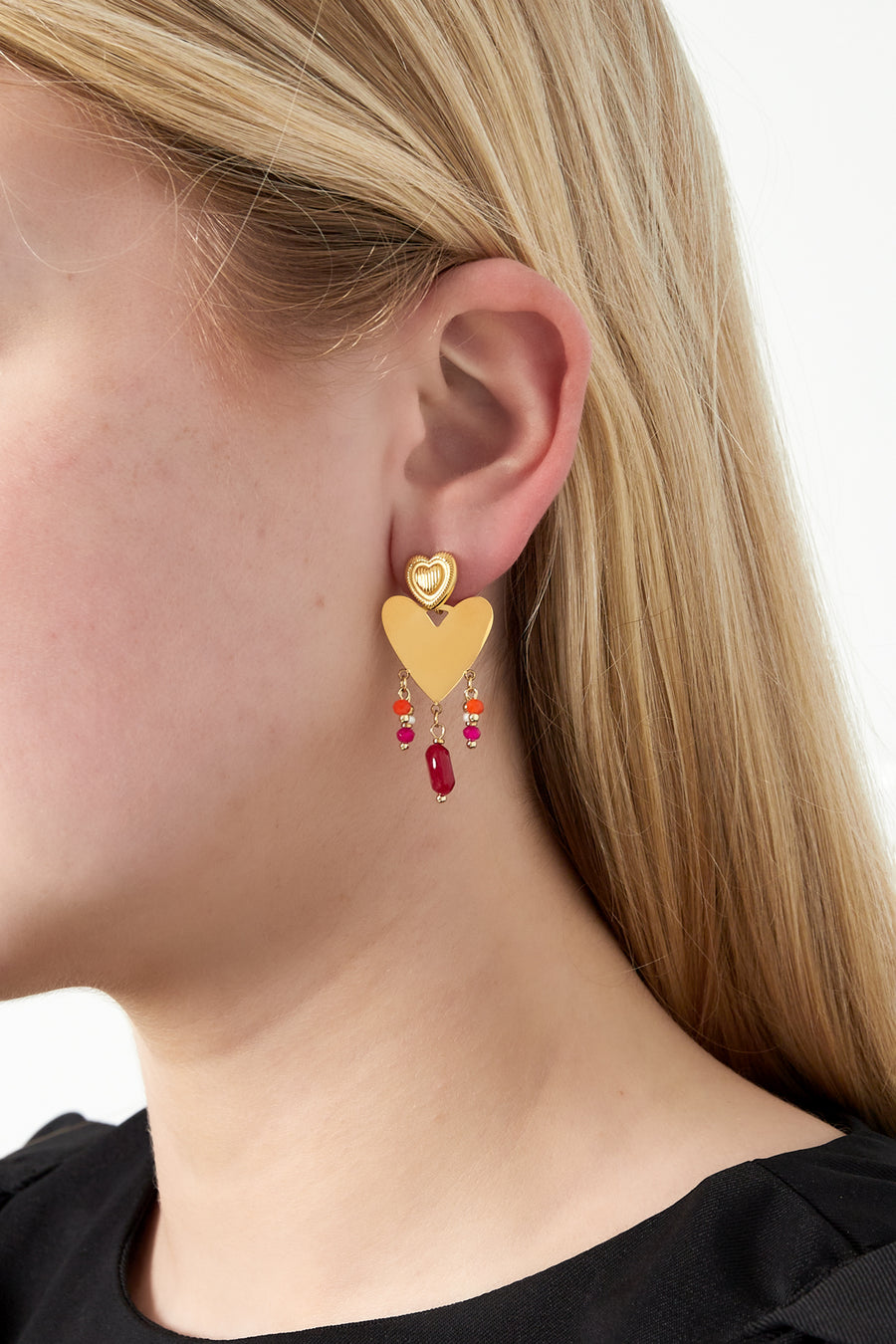 Boucles d'oreilles pendantes pour femmes en acier inoxydable 304, verre, pierre, hématite avec forme de cœur – rose
