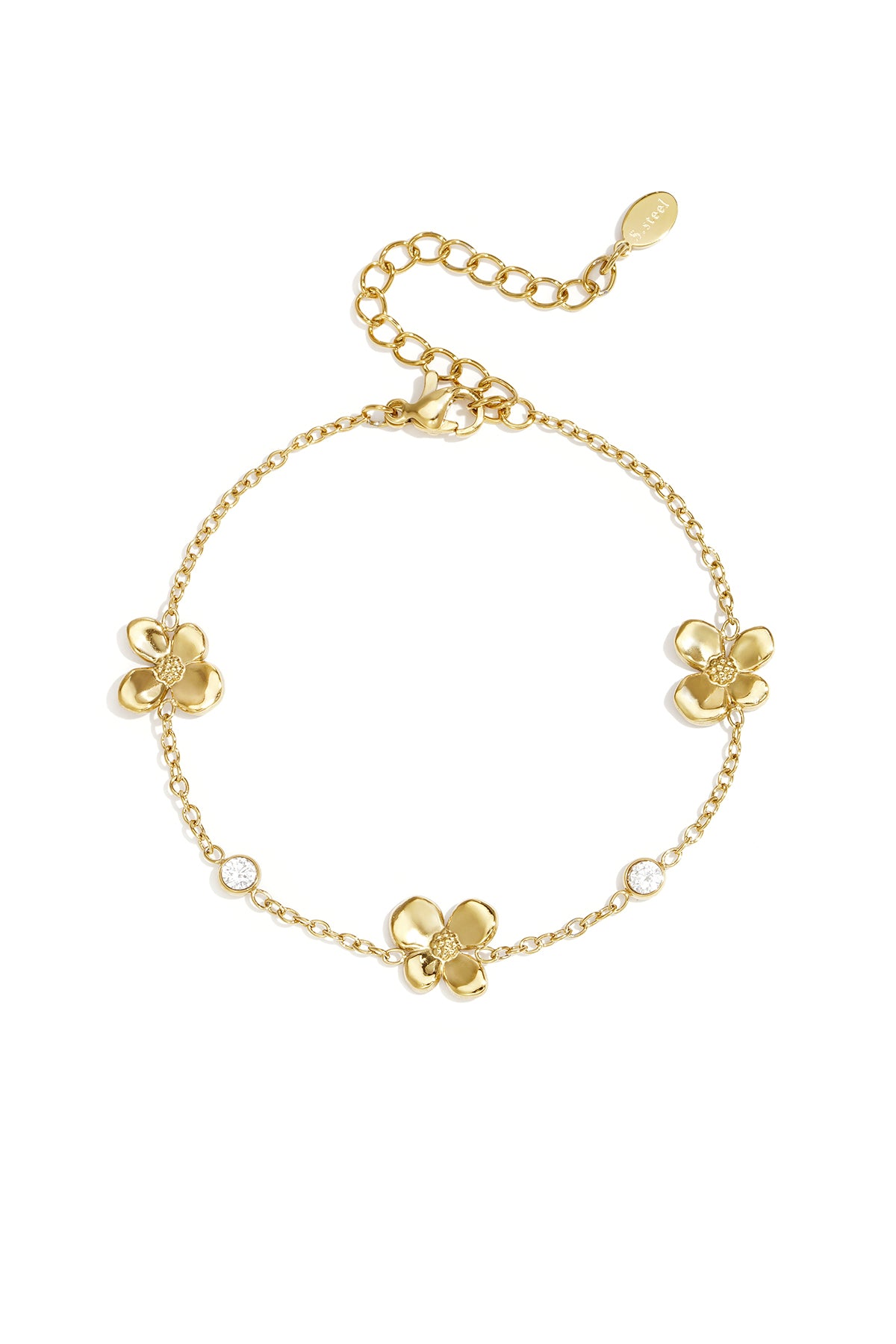 Women's Stainless Steel Charm Bracelet with Flower Design - Gold Tone