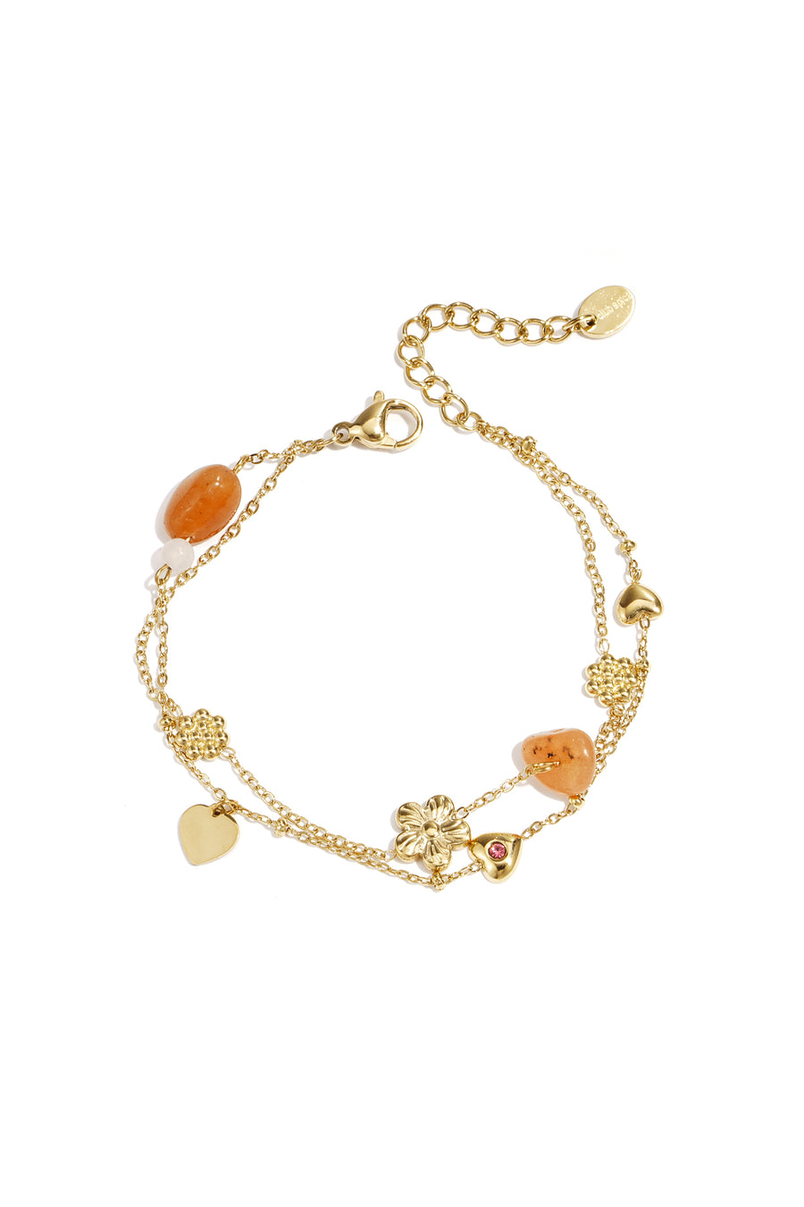 Bedelarmband met oranje kralen, bloemen en hartjes
