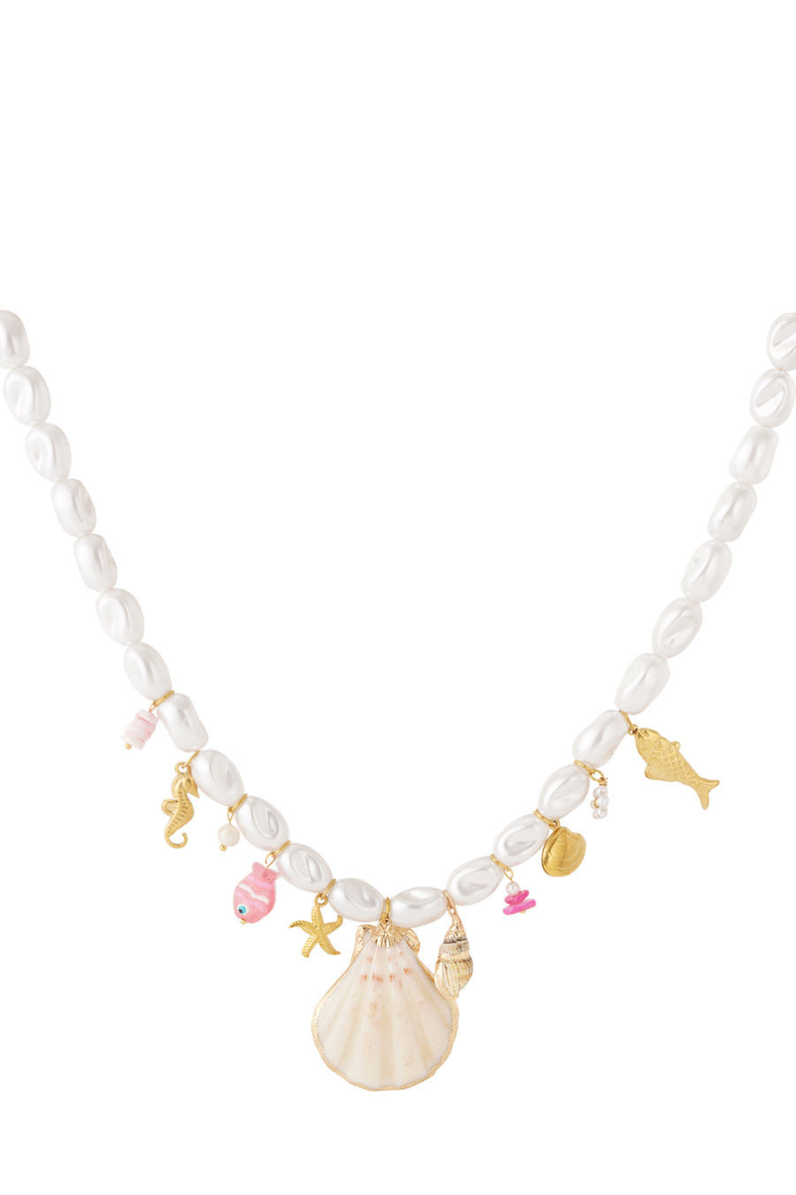 Collier pour femme en ABS, acier inoxydable, coquillage, pierre, perle d'imitation, verre – blanc