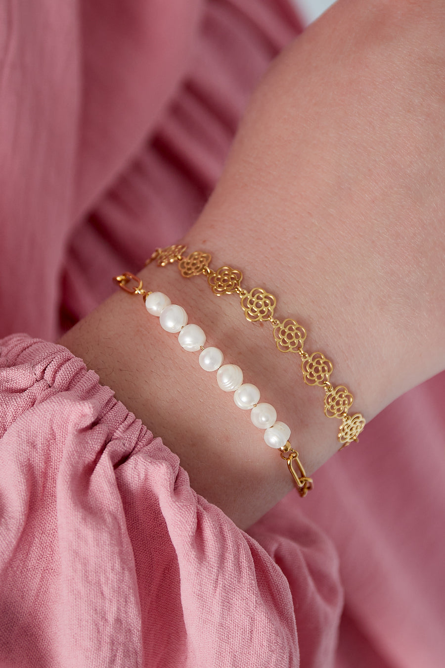 Bracelet à maillons pour femmes en acier inoxydable 304 avec motif floral – couleur or et argent