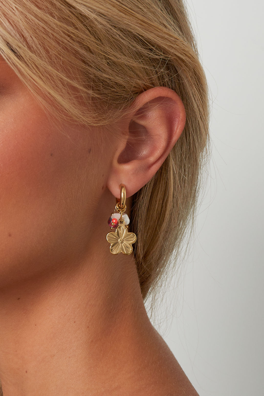 Boucles d'oreilles pendantes pour femme en acier inoxydable, pierre, cristal, perle avec motif floral – couleur or – photo 2