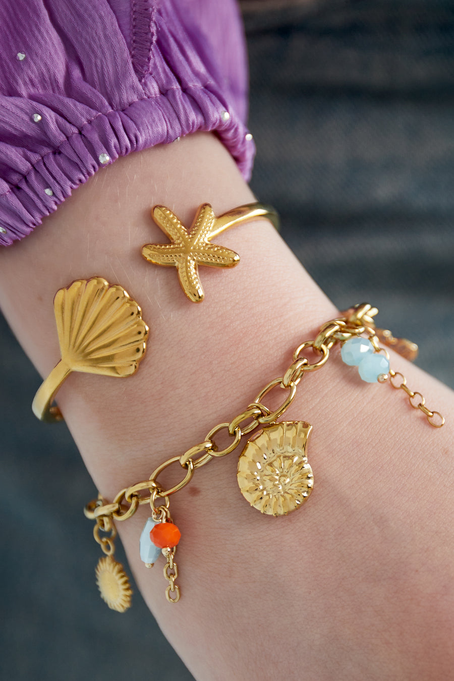 Bracelet à breloques pour femme en acier inoxydable 304, verre, strass avec détails océan – couleur or