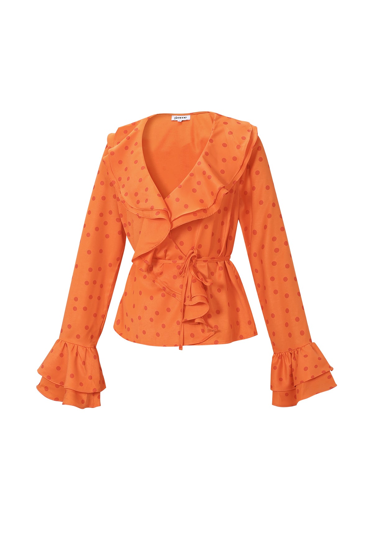 Dames oranje blouse met ruches en stippen – productfoto 5