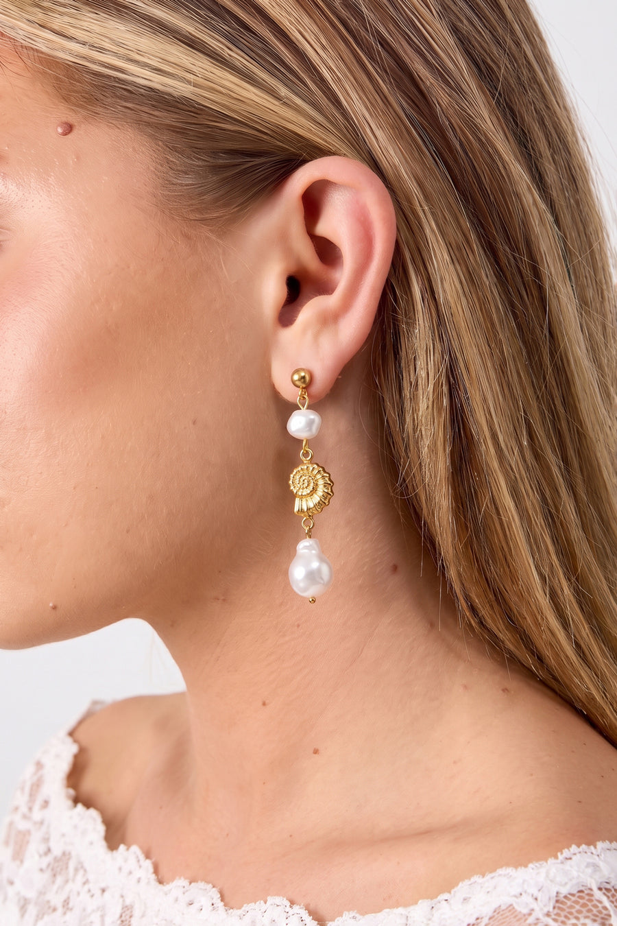 Boucles d'oreilles pendantes pour femmes en acier inoxydable, ABS avec motif coquillage – couleur or