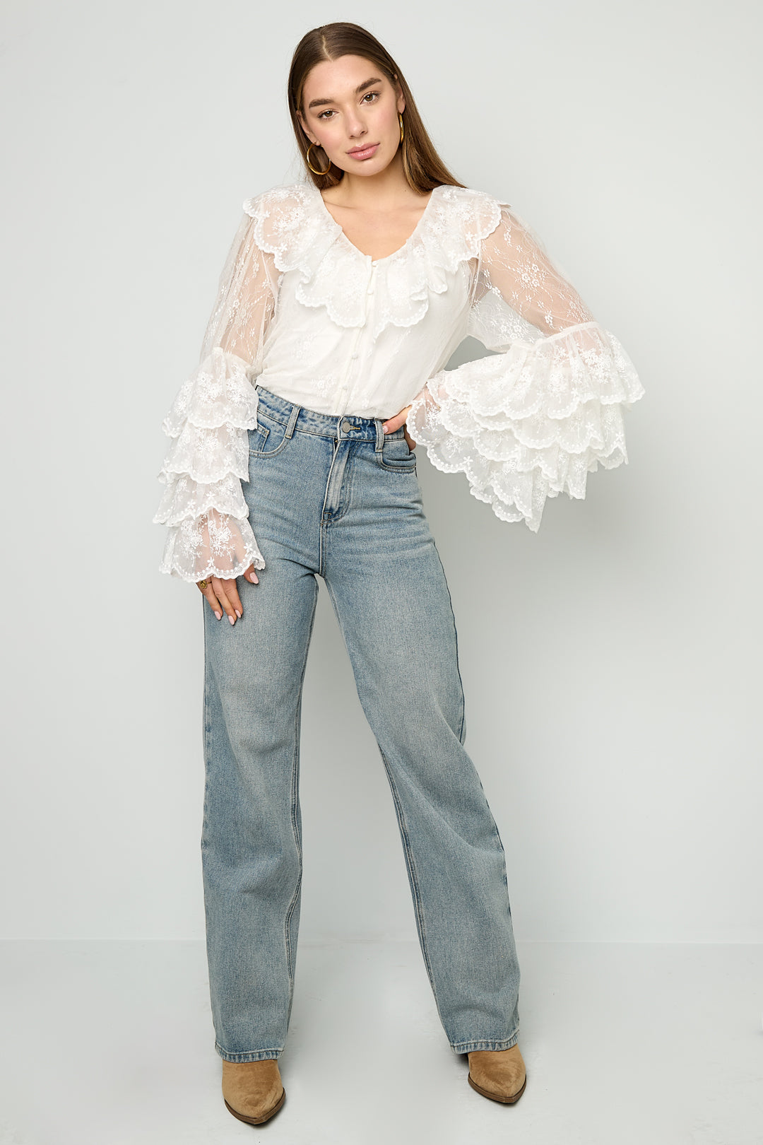 Dames blouse van polyester met bloemenprint en kant – productfoto 5
