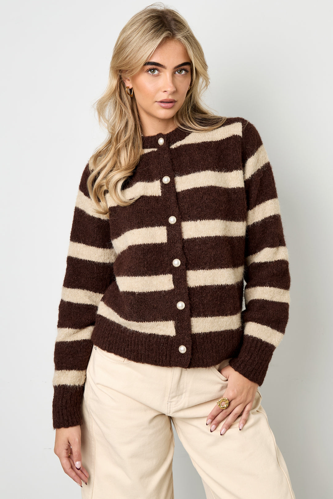 Dames gestreepte cardigan van gebreid polyester – productfoto 5