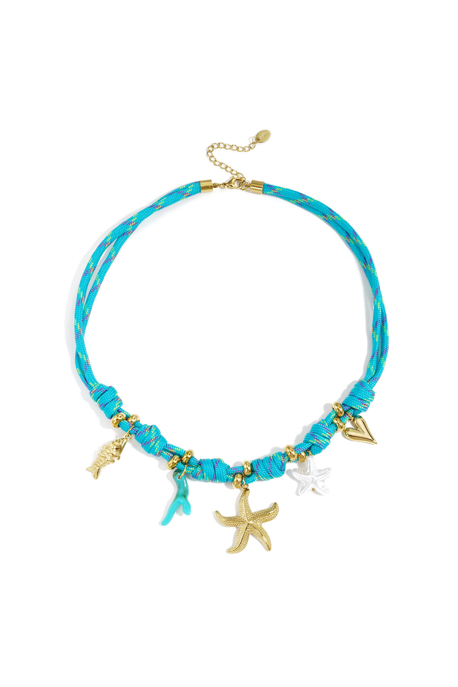 Blauwe dames touwketting met knopen en zeesterren
