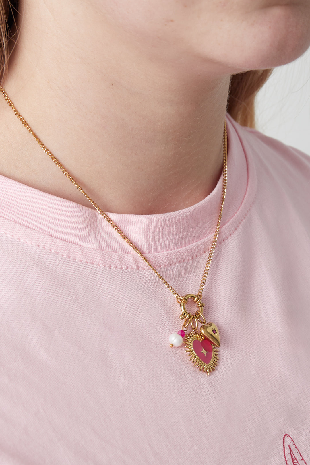 Women's necklace with pendant made of stainless steel, enamel, imitation pearl, glass, rhinestones - gold-coloured – image 3