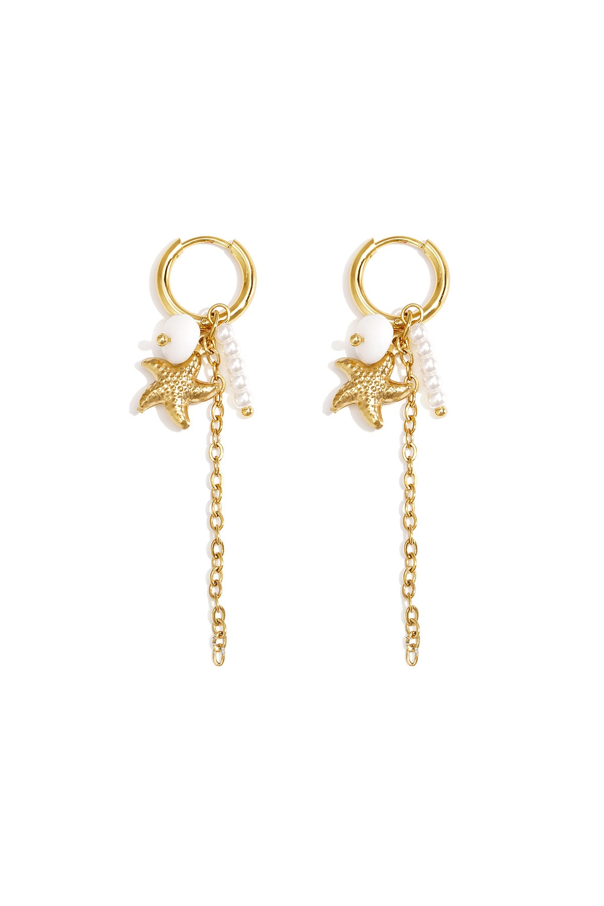 Boucles d'oreilles pendantes en acier inoxydable, pierre, perle d'imitation et motif étoile de mer pour femmes – blanc et rose
