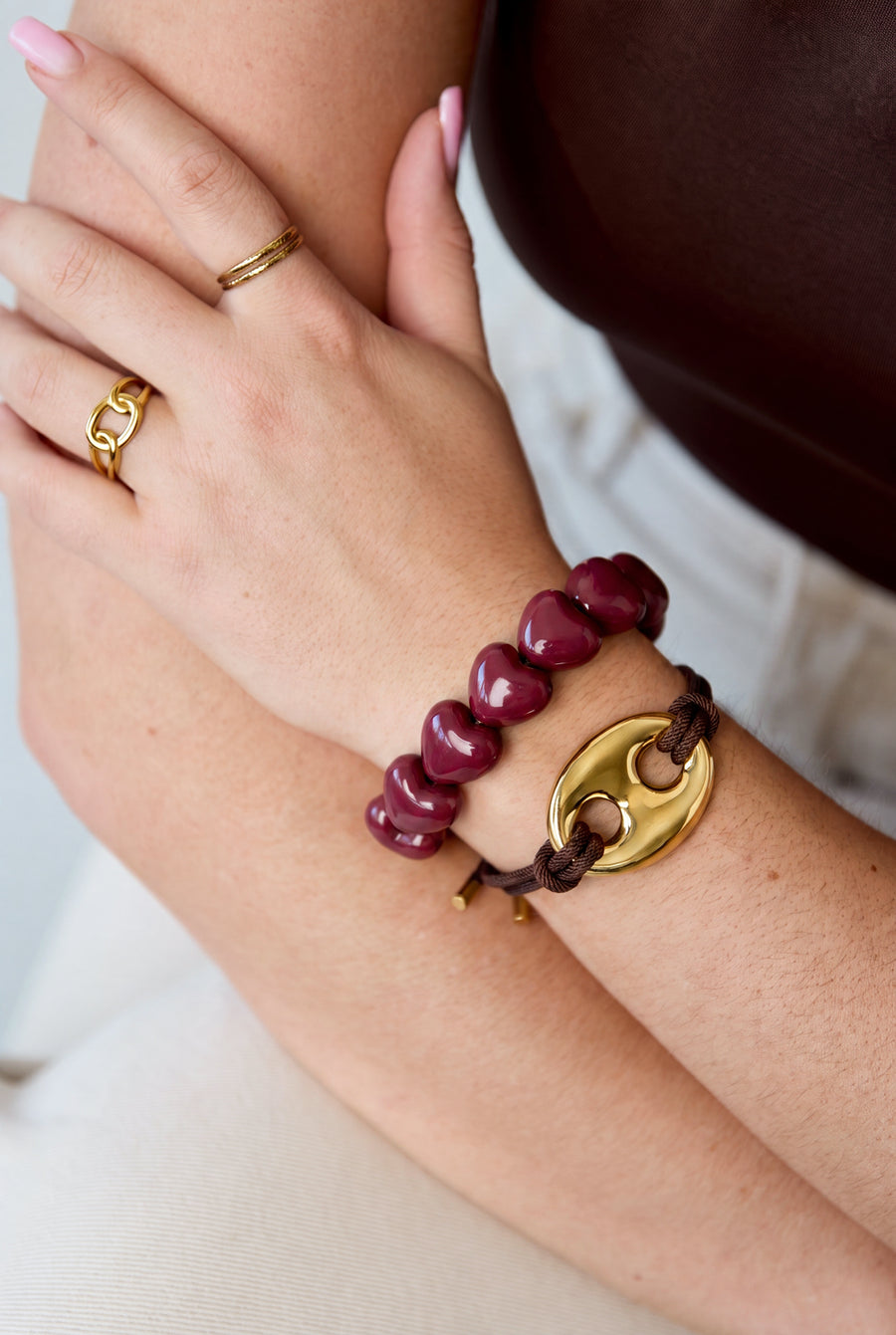 Bracelet tressé pour femme en acier inoxydable avec forme organique – marron foncé et rose framboise