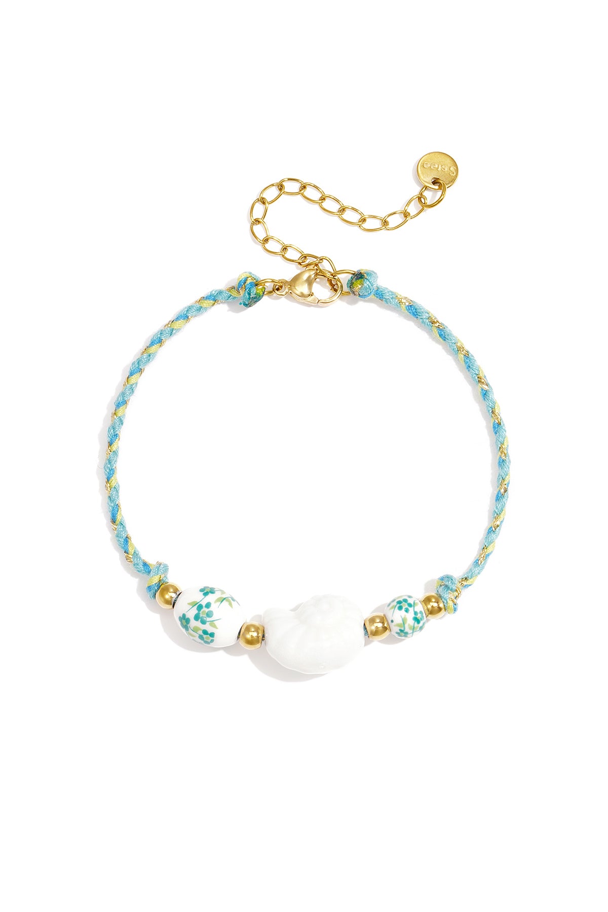 Armband van touw met schelp en kralen met bloemdesign
