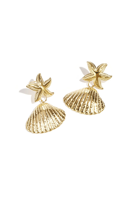 Boucles d'oreilles pendantes pour femmes en acier inoxydable avec motif coquillage et étoile de mer – couleur or