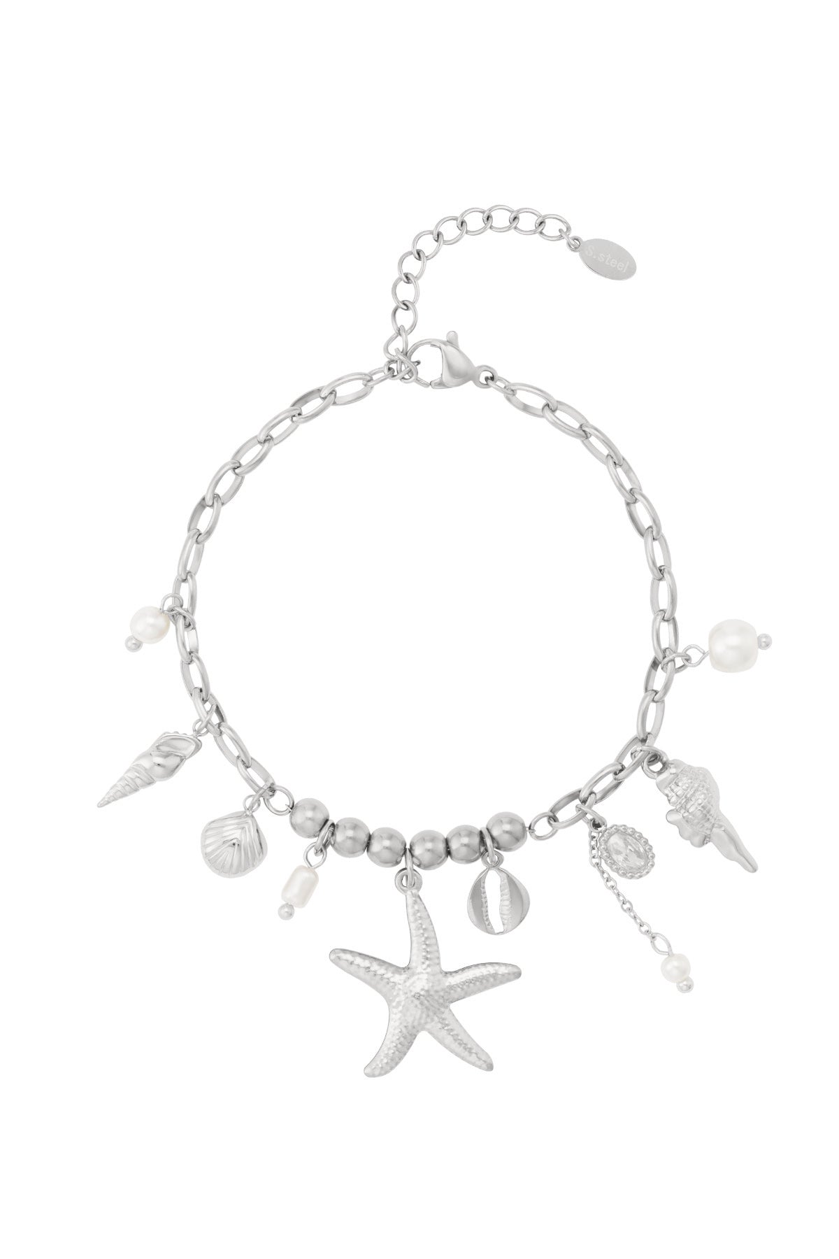 Women's Charm Bracelet, 304 Stainless Steel, Imitation Pearl, Hematite, Rhinestone with Ocean Details