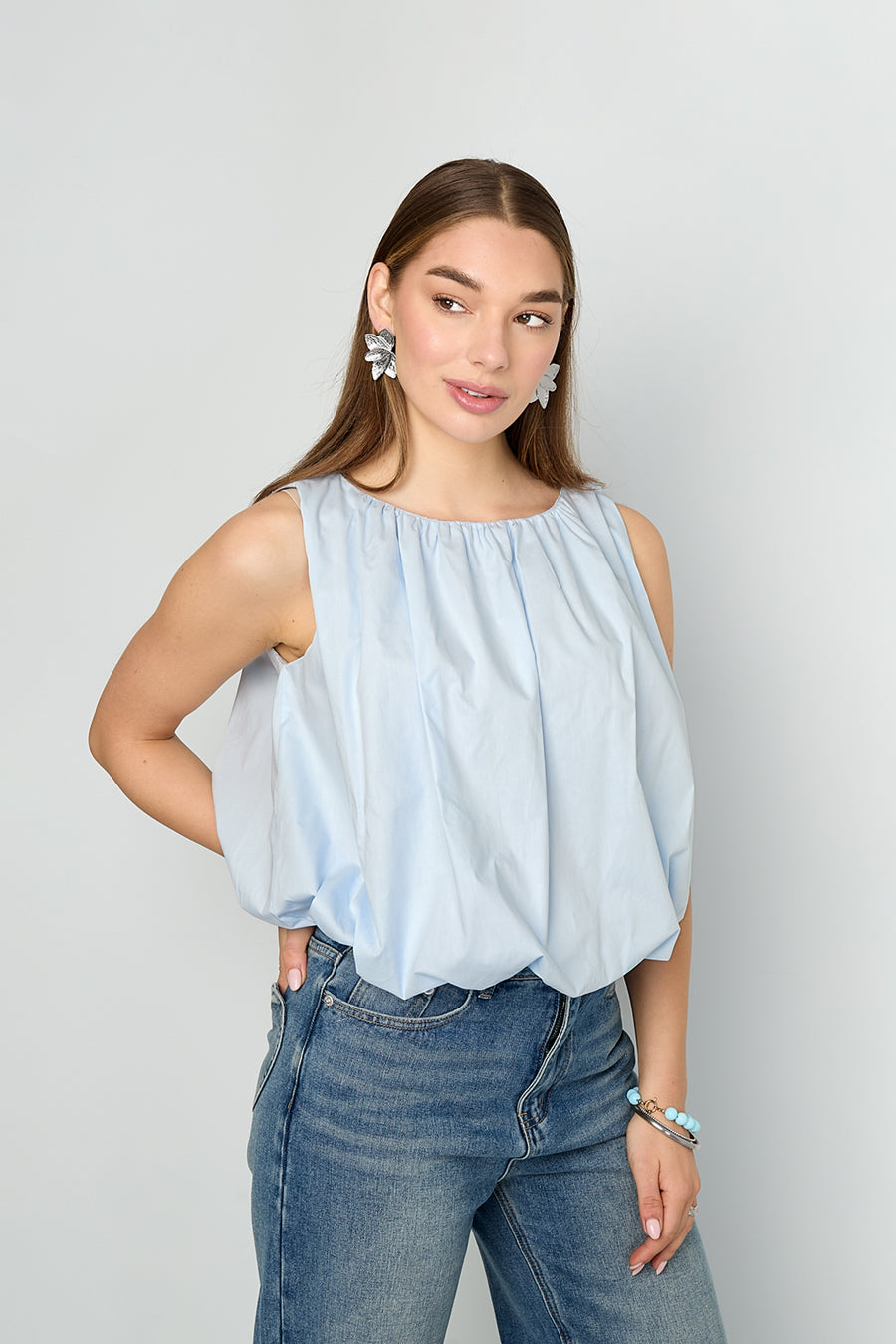 Dames casual ballontop van geweven katoen in drie kleuren – productfoto 2