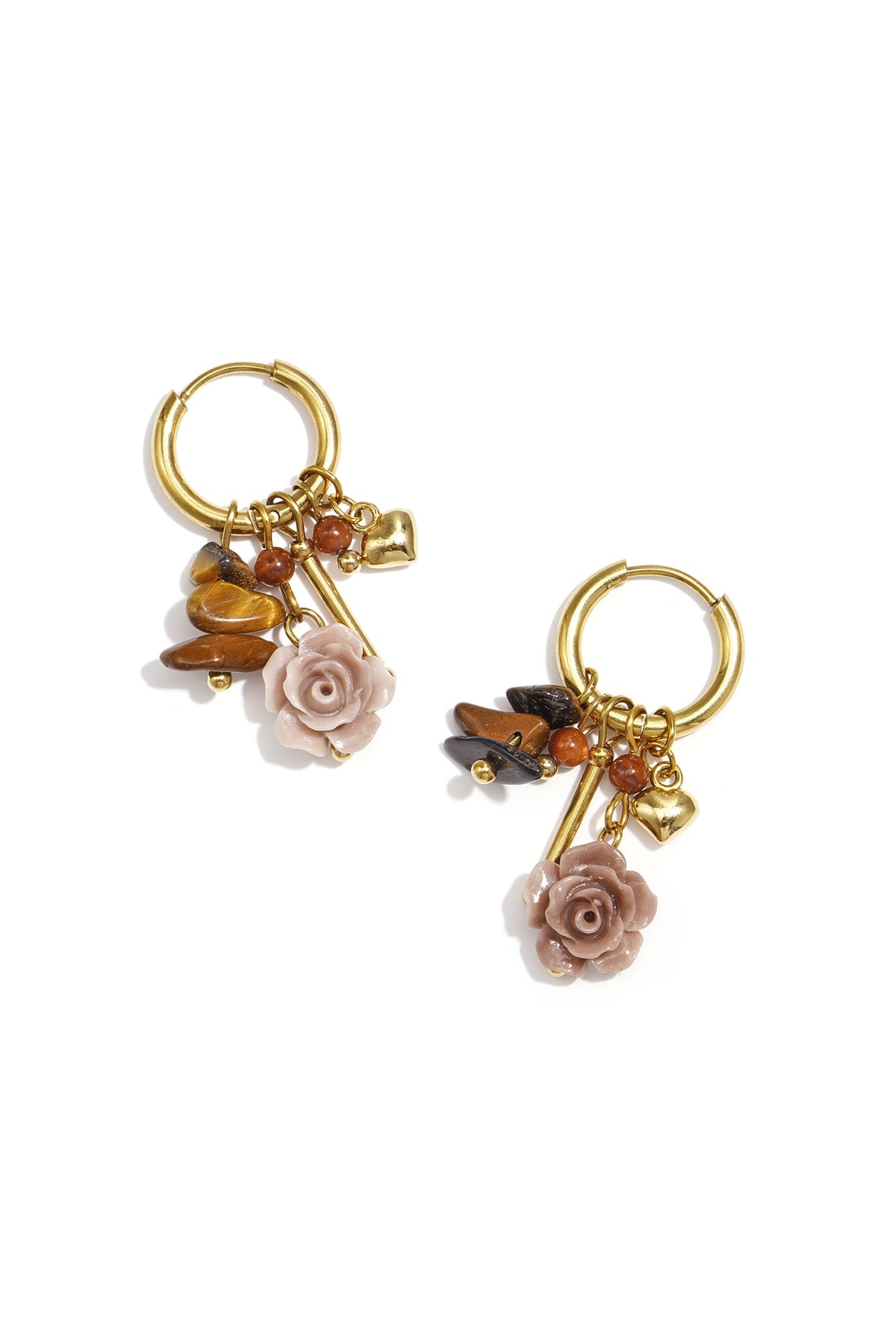 Stainless steel dangle earrings for women, with stone, resin, shell and floral design